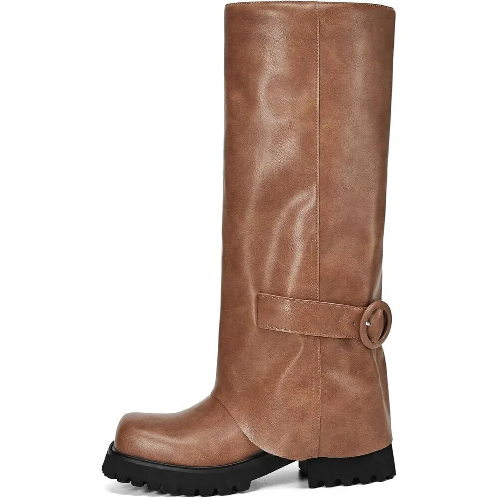 Women's Brown Knee High Riding Boots Square Toe Chunky Low Heel Motorcycle Boots